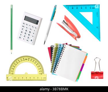 School items and accessories isolated on white.Office educational supplies. Stationary objects.Pen,pencil,ruler,calculator,textbooks. Stock Photo