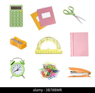 School items and accessories isolated on white.Office educational supplies. Stationary objects.Pen,pencil,ruler,calculator,textbooks. Stock Photo
