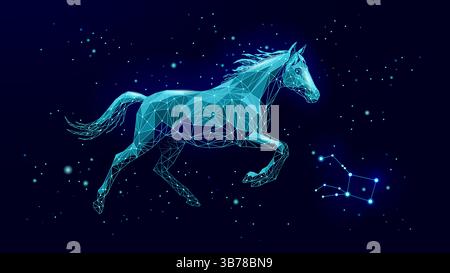Geometric Horse illustration runs in space 2026 Horoscope Year. Chinese Animal of New Year. Technology designs and futuristic projects. Low poly style Stock Vector