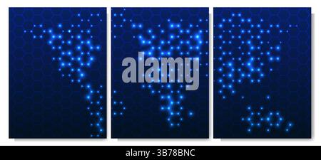 Vector illustration. Set of 3 backgrounds. Blue hexagonal grid with glowing dots forming a digital world map. Global network concept. Design Stock Vector