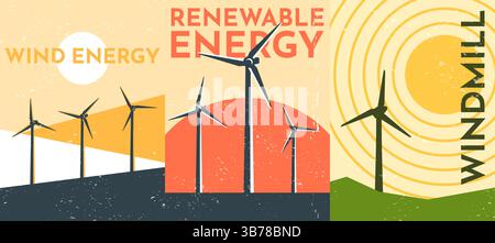 Vector illustration. Stylized wind energy posters with windmills in retro geometric style. Renewable energy, eco-friendly technology. Bold shapes Stock Vector