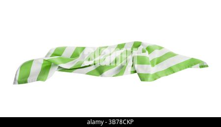 Green white stripes crumpled kitchen cloth,towel isolated on white. Food decor element.Napkin, kitchen textile. Stock Photo