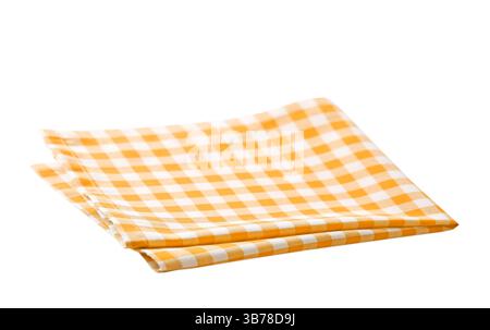 Yellow picnic cloth isolated,kitchen folded checkered towel. Stock Photo