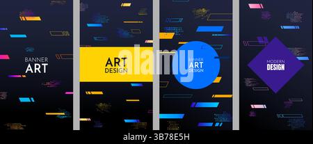 Vector dynamic illustration. Flow of graphic elements - halftone dots, striped lines. Memphis pattern. Gradient bright color shapes Stock Vector