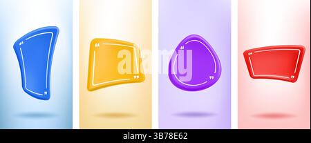 Vector illustration. 3d minimalist banner set. Quote frames blank template. Isolated textbox. Citation empty speech bubbles. Color background Stock Vector