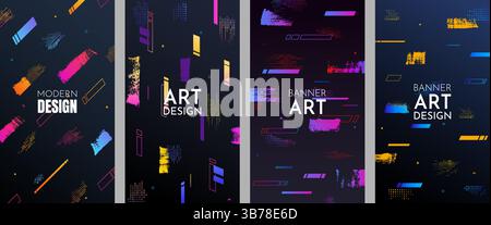 Vector dynamic illustration. Flow of graphic elements: brush strokes, halftone dots, striped lines. Memphis pattern. Bright color shapes Stock Vector