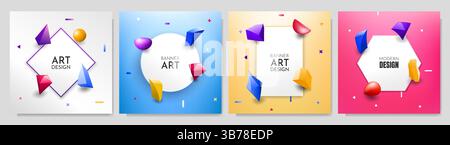 Vector illustration. 3d polygonal geometric twisted objects on white banners. Memphis pattern elements. Design for web banner, advertising Stock Vector
