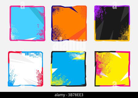 Vector illustration. Polygonal abstract frame set with halftone dots. Square banner. Retro vintage background collection. Pop art color style Stock Vector