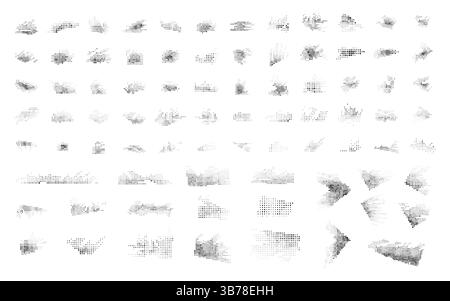 Vector set of 81 halftone dotted elements. Pop art style. Faded dots bundle isolated on white background. Collection of geometric shapes. Design Stock Vector