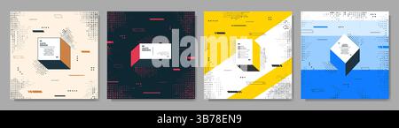 Vector abstract illustration. Neo memphis pattern banner collection with halftone dotted elements. Flow graphic shapes. Vibrant color quote frames Stock Vector
