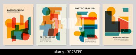 Vector brochure cards set. Geometric shapes in postmodern style. Dynamic abstract flat mid-century design template of flyer, magazine, book cover Stock Vector