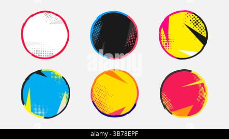 Vector illustration. Round abstract frame set with halftone dots. Square banner. Retro vintage background collection. Pop art color style background Stock Vector