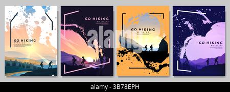 Vector brochure cards set. Travel concept of discovering, exploring and observing nature. Paint ink brush overlay. Flat design template of flyer Stock Vector