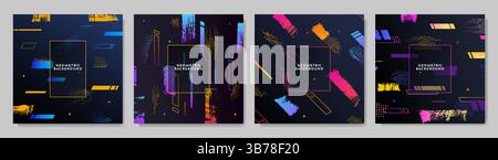 Vector dynamic illustration. Flow of graphic elements: brush strokes, halftone dots, striped lines. Memphis pattern. Bright color shapes Stock Vector