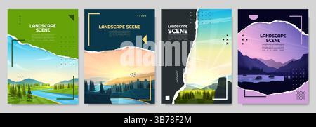 Vector brochure cards set of landscape. Nature scene of water lake by woodland, cliff by forest. Ripped paper effect. Flat design template of flyer Stock Vector