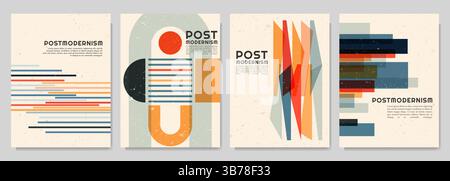 Vector brochure cards set. Geometric shapes in postmodern style. Dynamic abstract flat mid-century design template of flyer, magazine, book cover Stock Vector