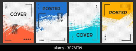 Vector illustration. Hand drawn abstract color frame set. Ink brush strokes mess with halftone dots. Design for poster, invitation, gift card, coupon Stock Vector