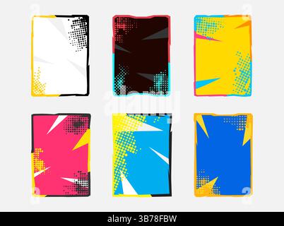 Vector illustration. Polygonal abstract frame set with halftone dots. Retro vintage background collection. Pop art color style background. Design Stock Vector