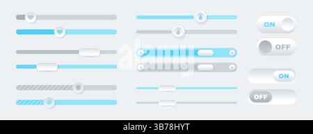 Vector set of scroll bars, button icons, sliders. Web design elements for website or internet page. Scrollbar, menu graphic ui interface scrolls control, brightness controllers or volume slider icons Stock Vector