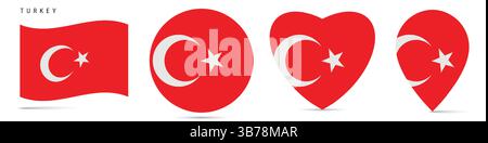 Turkey waving flag, round circle sticker badge, heart shaped icon, map pin. Turkish flag buttons of different shapes. Vector illustration isolated on Stock Vector