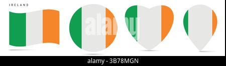 Ireland waving flag, round circle sticker badge, heart shaped icon, map pin. Irish flag buttons of different shapes. Vector illustration isolated on w Stock Vector
