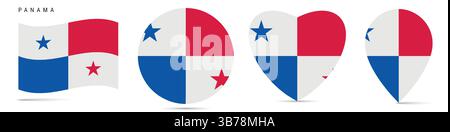Panama waving flag, round circle sticker badge, heart shaped icon, map pin. Panamanian flag buttons of different shapes. Vector illustration isolated Stock Vector