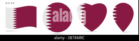 Qatar waving flag, round circle sticker badge, heart shaped icon, map pin. Qatari flag buttons of different shapes. Vector illustration isolated on wh Stock Vector