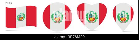 Peru waving flag, round circle sticker badge, heart shaped icon, map pin. Peruvian flag buttons of different shapes. Vector illustration isolated on w Stock Vector