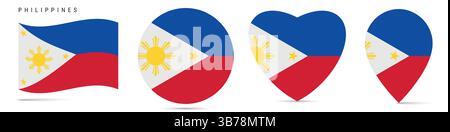 Philippines waving flag, round circle sticker badge, heart shaped icon, map pin. Philippine flag buttons of different shapes. Vector illustration isol Stock Vector