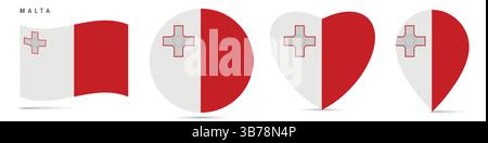 Malta waving flag, round circle sticker badge, heart shaped icon, map pin. Maltese flag buttons of different shapes. Vector illustration isolated on w Stock Vector