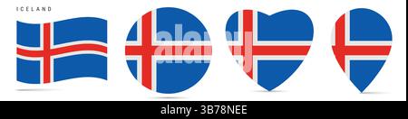 Iceland waving flag, round circle sticker badge, heart shaped icon, map pin. Icelandic flag buttons of different shapes. Vector illustration isolated Stock Vector