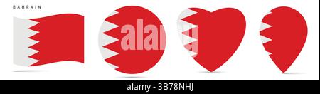 Bahrain waving flag, round circle sticker badge, heart shaped icon, map pin. Bahraini flag buttons of different shapes. Vector illustration isolated o Stock Vector