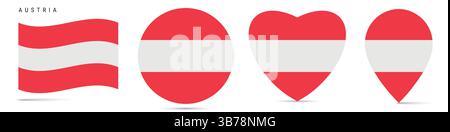 Austria waving flag, round circle sticker badge, heart shaped icon, map pin. Austrian flag buttons of different shapes. Vector illustration isolated o Stock Vector