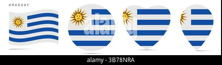 Uruguay waving flag, round circle sticker badge, heart shaped icon, map pin. Uruguayan flag buttons of different shapes. Vector illustration isolated Stock Vector