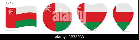 Oman waving flag, round circle sticker badge, heart shaped icon, map pin. Omani flag buttons of different shapes. Vector illustration isolated on whit Stock Vector