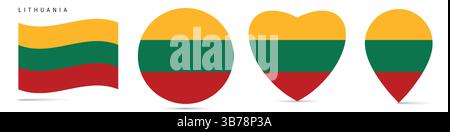 Lithuania waving flag, round circle sticker badge, heart shaped icon, map pin. Lithuanian flag buttons of different shapes. Vector illustration isolat Stock Vector