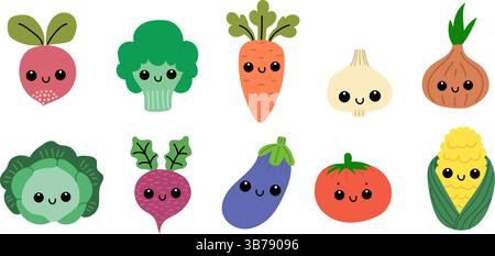 Set of kawaii vegetables. Cute characters Stock Vector