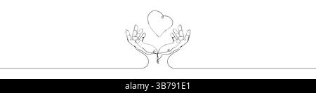One line Helping hand icon vector background. Heart with hands icon. Continuous outline of a Hands of life icon. Stock Vector