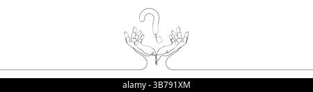 One line Question mark hand icon vector background. Question mark with hands icon. Continuous outline of a Hands of Question mark icon. Stock Vector