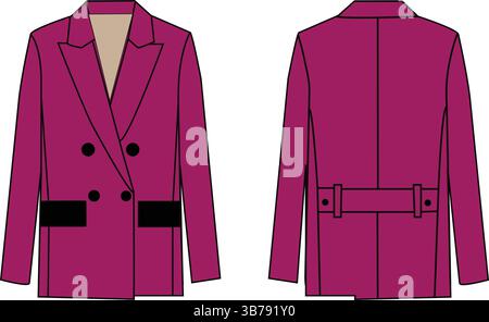 Pink Double-Breasted Jacket Front and Back Views | Fashion Technical Flat Sketch | CAD Apparel Stock Vector