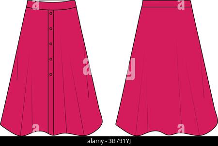 Pink Skirt Front and Back View | Flat Vector Illustration | Fashion Apparel CAD Template Stock Vector