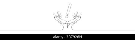 One line Exclamation mark hand icon vector background. Exclamation mark with hands icon. Continuous outline of a Stock Vector