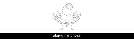 One line security Lock hand icon vector background. Safe Lock with hands icon. Continuous outline of a Hands of Lock icon. Stock Vector