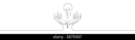 One line Light bulb hand icon vector background. Light bulb with hands icon. Continuous outline of a Hands of Light bulb icon. Stock Vector