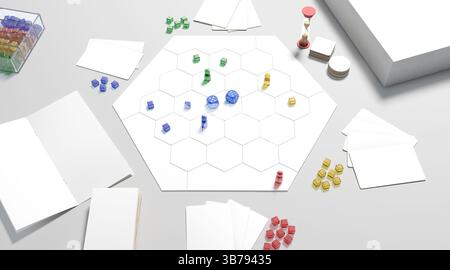 White board game field with chips, dice and cards mockup, 3d rendering. Empty imagination map for team playing competition, half-turned view. Geek or Stock Photo