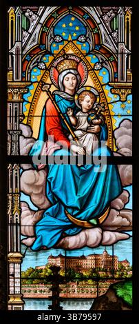 Our Lady with the Christ Child. A stained-glass window in the Cathedral of St Elizabeth (Dóm svätej Alžbety) in Košice, Slovakia. Stock Photo
