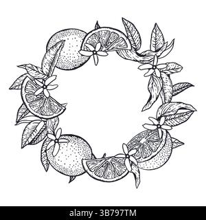 Lemons wreath in graphic style. Whole fruit and slice, leaves and flowers. Round frame. Black ink sketch. Hand drawn vector illustration. For Stock Vector