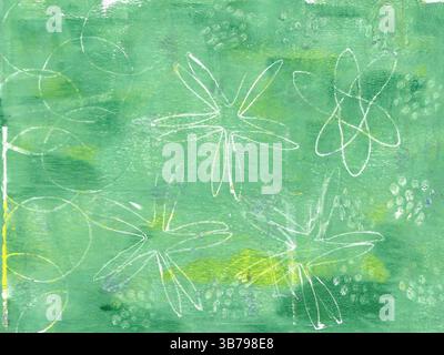 Texture in green and yellow with circle, star and dot patterns, printed using the Gelli print process. Stock Photo