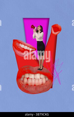 Collage of woman jumping among exaggerated mouths symbolizing gossip