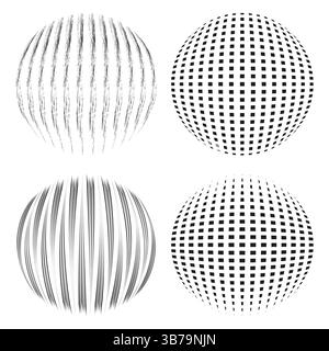Distorted sphere icon. Geometric warping shape. Black line texture. Optical illusion effect. Stock Vector